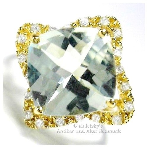 10K Gold Ring grüner Amethyst Prasiolith Diamanten 416er Gelbgold 17,2 mm Gr. 54