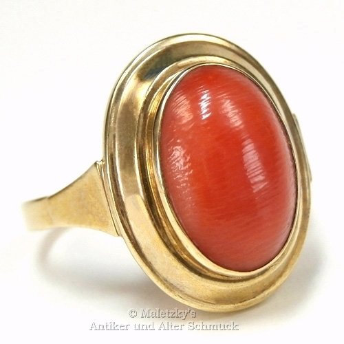 Alter 333er Gold Ring rote echte Koralle 8K Gelbgold 17,5 mm Gr. 55 um 1965