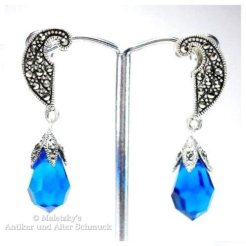 Ohrringe mit blauen Tropfen aus Glas & Markasit 925er Sterling Silber Ohrstecker