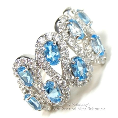 Breiter Bandring - 925er Silber Ring mit echtem blauem Topas & weißem Zirkonia