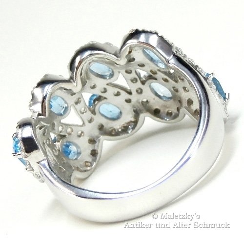 Breiter Bandring - 925er Silber Ring mit echtem blauem Topas & weißem Zirkonia