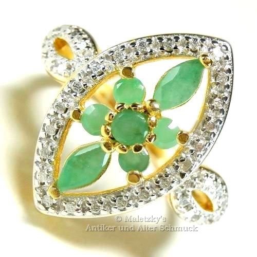 Echter Smaragd & Diamant Ring Gold auf 925er Silber 16,5 mm Gr. 52 vergoldet