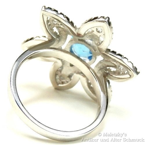 Ring mit großer Blüte aus Topas & Zirkonia 925 Silber Blautopas 17,5 mm Gr. 55