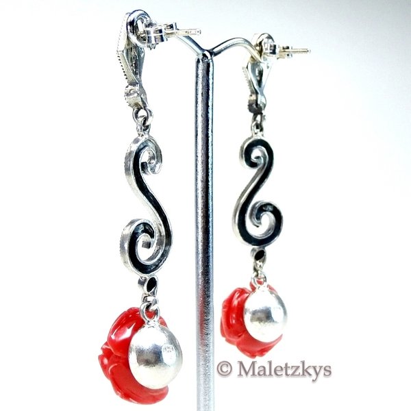 Rote Rosen & Markasit Ohrstecker - Lange extravagante Ohrringe aus 925er Silber