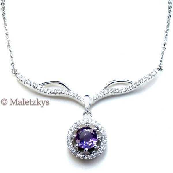 Klassisches Collier lila Amethyst & weißer Zirkonia Kette 925er Silber Halskette