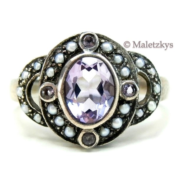 Ring mit echtem Amethyst & Perlen 925er Silber Saatperlen 17,2 mm Gr. 54