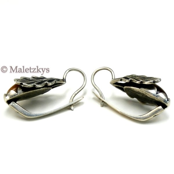 Eicheln mit Eichenlaub - Alte Trachten Ohrringe Tigerauge 900 Silber 50er Jahre