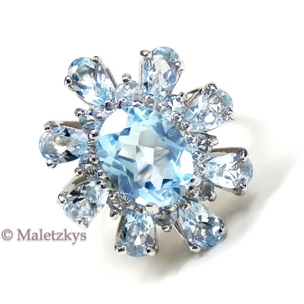 Blüte aus echtem Blautopas - 4,4 ct Topas Ring 925er Silber 16,2 mm Gr. 51