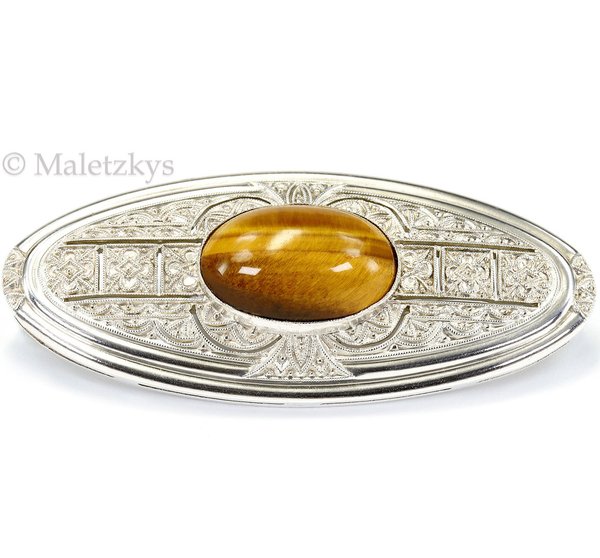 Art Déco der 20er Jahre - Antike ovale Brosche aus 935er Silber mit Tigerauge