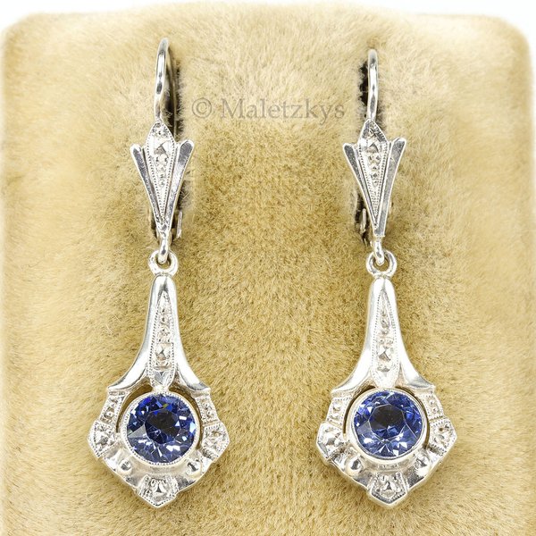 Art Déco Ohrringe der 30er Jahre - Alte Ohrhänger blaues Glas 835er Silber