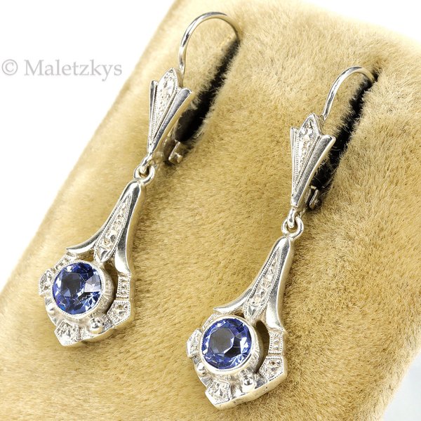 Art Déco Ohrringe der 30er Jahre - Alte Ohrhänger blaues Glas 835er Silber
